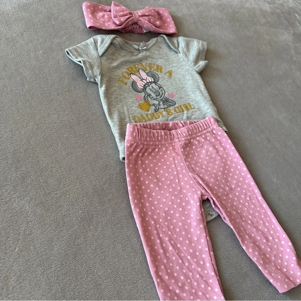 EUC Disney Baby Girl 3pc Outfit Set: Pink Polka Dot Minnie Mouse, 3-6 Months